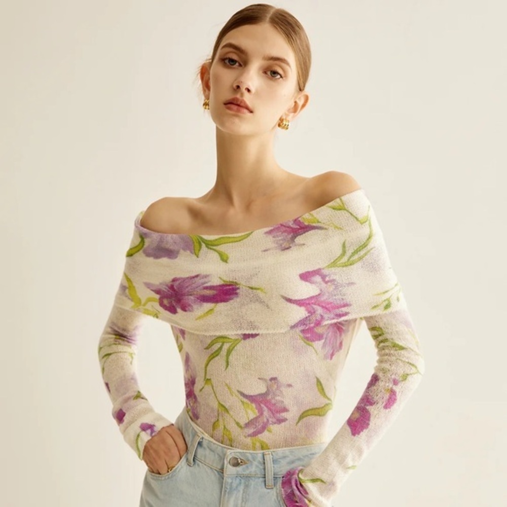 Floral Off-Shoulder Sweater Romance Off-Shoulder Printed Knit Top S MC4 last one